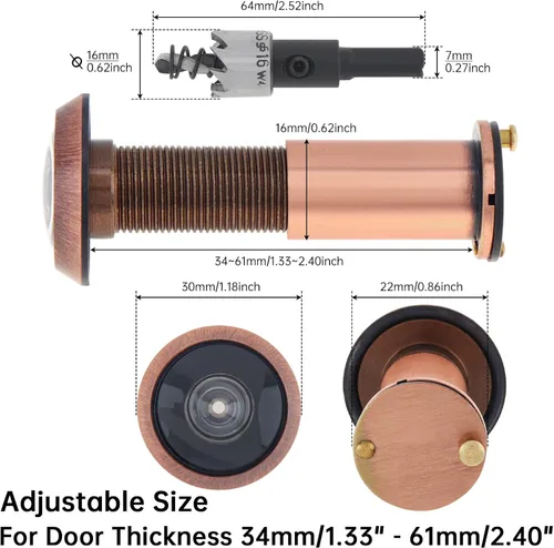 Miniatura 2 de Mirilla de puerta, latón macizo de 200 grados con broca de 16 MM para puertas de 1-1/2" a 2-3/8", mirilla de puerta de 5/8 pulgadas de diámetro