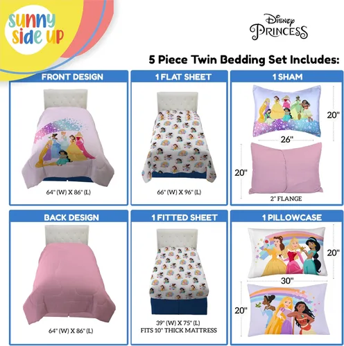 Miniatura 3 de Sunny Side Up - Juego de edredón individual de princesas Disney - 5 piezas de ropa de cama para niños incluye edredón, sábanas y funda de almohada