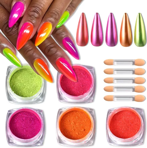 Polvo de pigmento de uñas de neón, 5 colores de efecto espejo metálico, polvo cromado para uñas, diseño de uñas iridiscentes degradadas, kit de