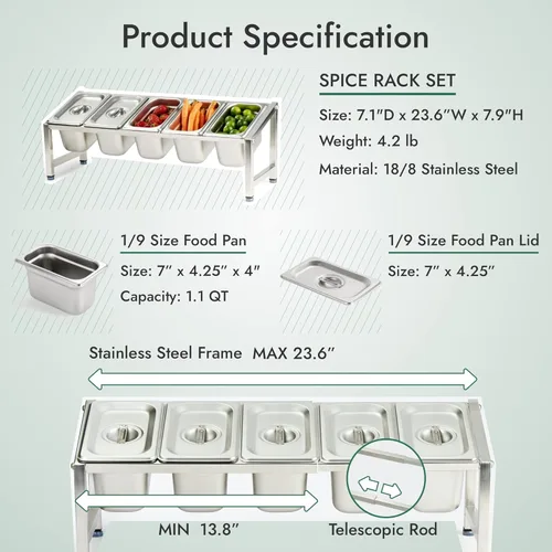 Miniatura 5 de CURTA Juego de estante de especias expandible de acero inoxidable 18/8, certificado NSF, estante organizador inclinado de 1 nivel con bandeja y tapa