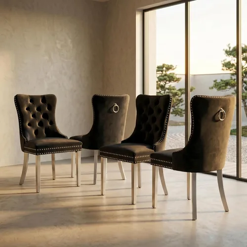 Miniatura 46 de Juego de 2 sillas de comedor de terciopelo, sillas de comedor copetudas de mediados de siglo con anillo trasero de cabeza de clavo, patas de metal
