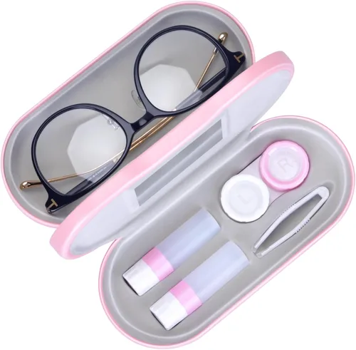 Miniatura 9 de Muf Funda portátil 2 en 1 para lentes de contacto y funda para anteojos, diseño de doble uso con espejo integrado, pinzas y botella de solución