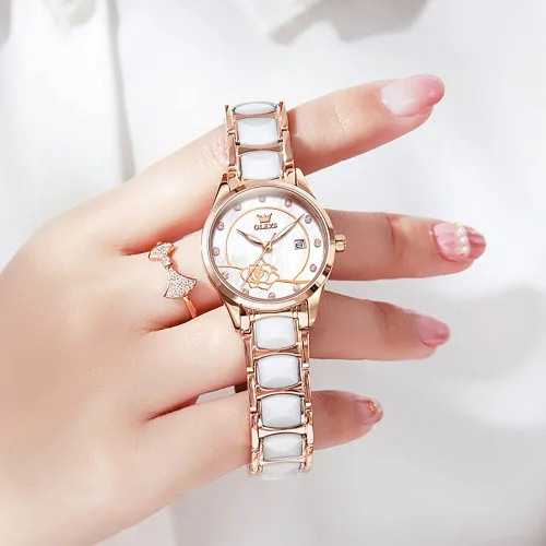 Miniatura 8 de OLEVS Relojes para mujer, oro rosa, de dos tonos, de moda, de cerámica, blanco, esfera rosa, roja, acero inoxidable, fecha impermeable