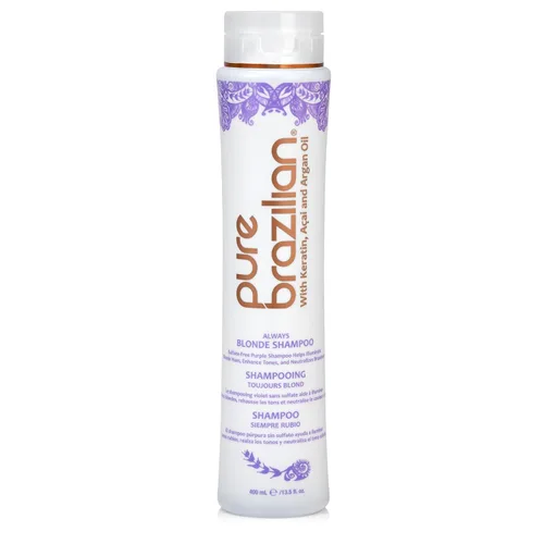 Pure Brazilian Always Blonde Champú con queratina, Acai y aceite de argán, champú morado para cabello teñido sin sulfatos, 13.5 onzas líquidas