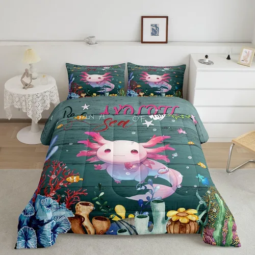Erosebridal Juego de edredón de ajolote rosa Kawaii Walking Fish para niños, edredón de reptil de criatura bajo el mar, arrecife de coral,