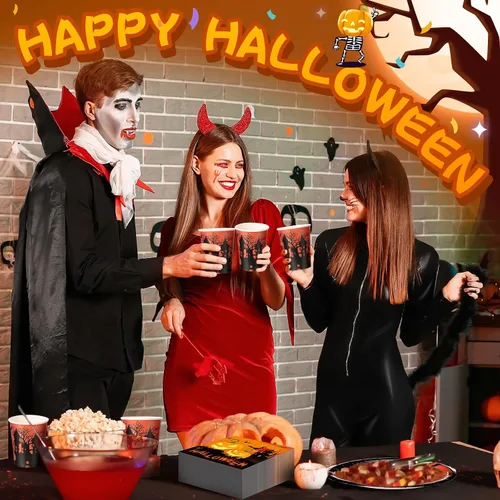 Miniatura 5 de Sliner 180 piezas de suministros para fiesta de Halloween, platos, servilletas, vasos, servir, 30 platos desechables de Halloween, platos de postre