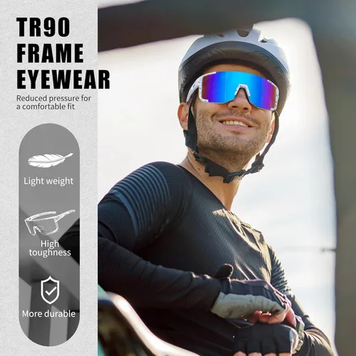 Miniatura 4 de FEISEDY Gafas de sol deportivas para hombres y mujeres, ligero TR90 marco UV400 MTB, correr, pesca, béisbol, B0224 Lente espejada azul marco blanco