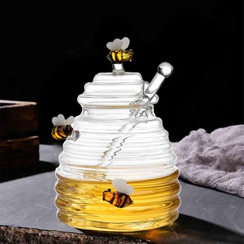 Miniatura 4 de PHEZEN Tarros de miel con tapa y tapa con tapa y tarro grande de vidrio con estatua de abeja, recipientes de miel, dispensador de miel de vidrio