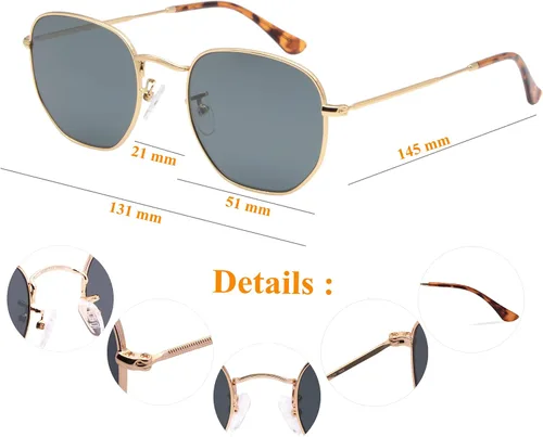 Miniatura 6 de Gafas de sol hexagonales con lente de vidrio retro para hombres y mujeres marco de metal cuadrado vintage con lentes planas 2126in tamaño grande