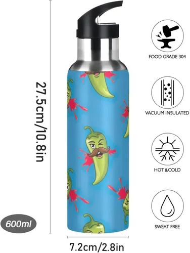 Miniatura 9 de Stainless Steel Vacuum Insulated Water Bottle 20 Oz, BPA-Free Sports Water Bottle for Gym Outdoor Travel School, Green Chili Peppers
