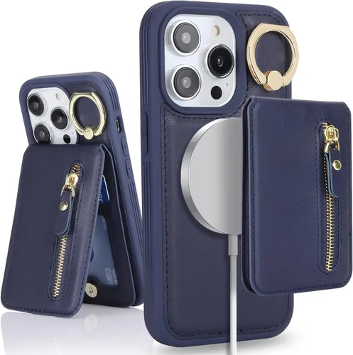 Miniatura 32 de para iPhone 14 Funda con soporte magnético Magsafe compatible, llavero de cuero PU plegable con soporte desmontable, funda tipo cartera 2-en-1