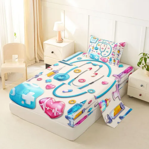 Miniatura 2 de Erosebridal Nurse Sheet Set Stethoscope Twin Sheets Set for Teen Boys,Colorful Medical Healthcare Heartbeat Syringe Fitted Sheet