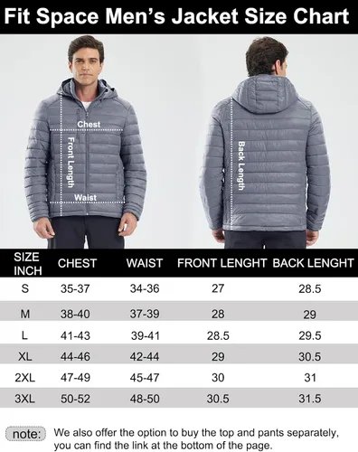 Miniatura 6 de fit space Chaqueta alternativa de plumón para hombre, acolchada, ligera, plegable, con capucha desmontable