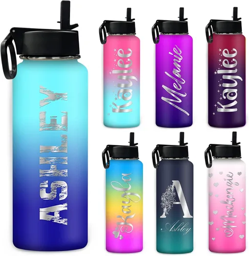 Miniatura 10 de Botella de agua personalizada, botella de agua deportiva personalizada con nombre, botella de acero inoxidable aislada al vacío con tapa