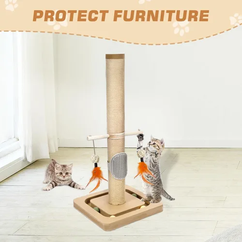 Miniatura 7 de Árbol pequeño para gatos de 27 pulgadas con pista de bolas de 3 niveles y poste rascador de yute, torre de gatito que ahorra espacio para mascotas