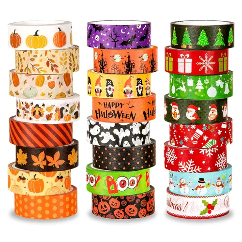 Whaline 24 Rollos de Cinta Washi de Otoño Halloween Juego de Cinta Washi Navideña de Acción de Gracias Hojas de Otoño Calabaza Cinta de Enmascarar