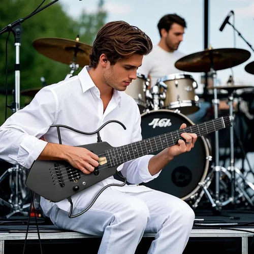 Miniatura 7 de Mini guitarra eléctrica de viaje, pequeña guitarra ligera sin cabeza para práctica, cuerpo sólido compacto portátil fácil de montar con soportes