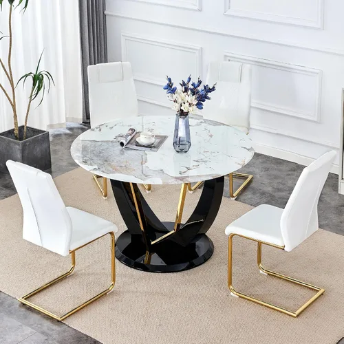 Miniatura 33 de JUFU Juego de mesa de comedor redonda para 4, mesa de comedor de 48 pulgadas con mesa de mármol sintético y 4 sillas tapizadas, moderno juego