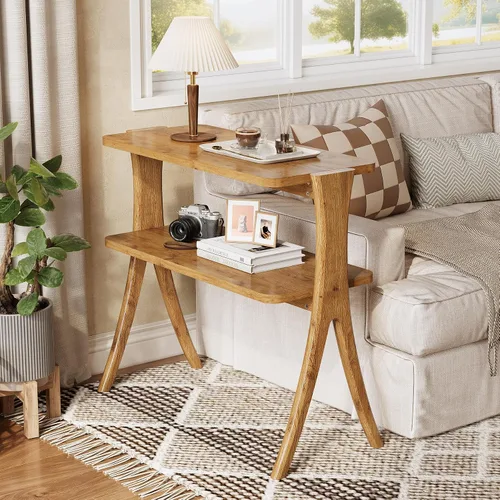 Miniatura 3 de LITTLE TREE Mesa auxiliar estrecha, mesa de centro de 2 niveles estilo granja con patas de madera maciza, mesa auxiliar pequeña, ahorradora