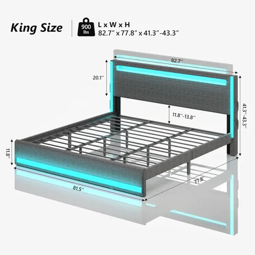 Miniatura 2 de CSZZD Base de cama tamaño King con cabecero ajustable, plataforma de cama tamaño King con iluminación, base de cama tapizada de metal tamaño King