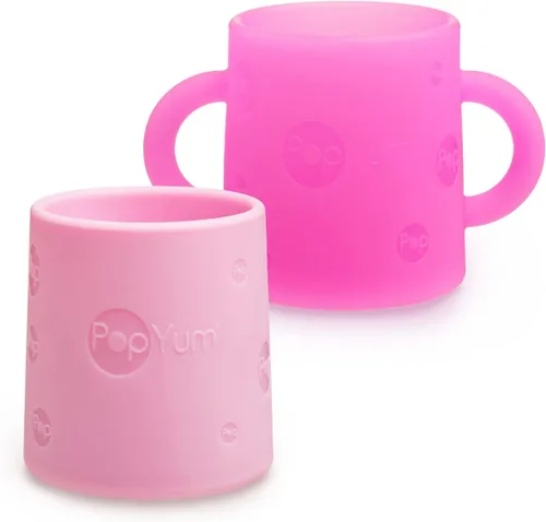 PopYum Taza de entrenamiento de silicona, paquete de 2, morado eléctrico y rosa orquídea | Asas, sin BPA, entrenamiento de autoalimentación, vaso