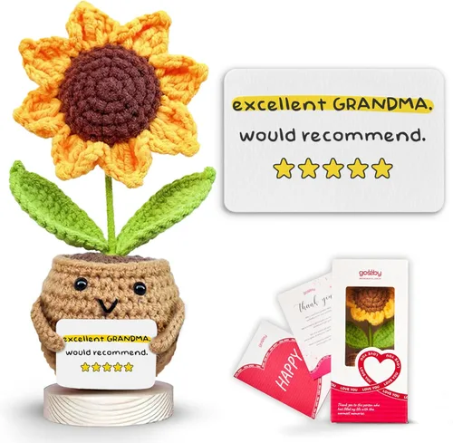 Muñeca de Girasol Positiva de Gossby Tejida a Crochet con Tarjeta - Excelente, la Abuela Lo Recomendaría - Regalo para la Abuela de Nieta, Nieto,