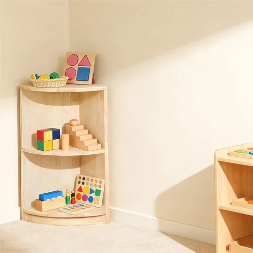 Miniatura 9 de Estantería esquinera Montessori de almacenamiento de 3 niveles, organizador infantil para juguetes, libros, suministros de arte y manualidades