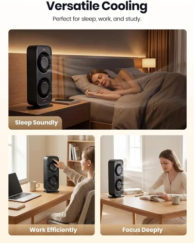 Miniatura 7 de Warmco Ventilador de torre de escritorio para dormitorio, ventilador de escritorio de alta velocidad de 19.7 ft/s de doble motor con 4 velocidades