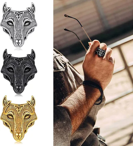 Miniatura 2 de FaithHeart Norse Viking Jewelry - Anillo de acero inoxidable de guerrero para hombre con diseño vikingo de cabeza de lobomartillo de Thor
