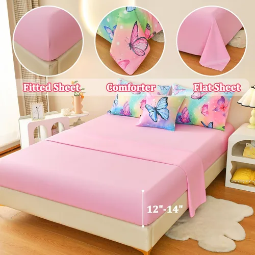 Miniatura 4 de Juego de edredón individual de 6 piezas para niñas, ropa de cama de mariposa rosa, juegos de edredón de mariposa con sábanas para niños