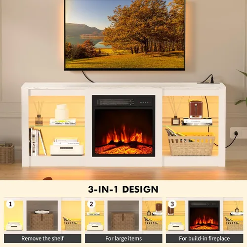 Miniatura 6 de Kucreiheat Soporte de TV con chimenea con luz LED y centro de entretenimiento con chimenea para TV de 65 pulgadas con estantes de vidrio ajustables