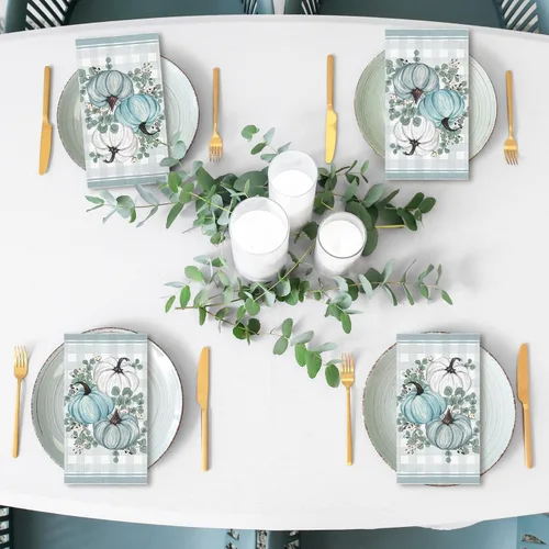 Miniatura 7 de Whaline 100 servilletas desechables de calabaza de otoño azul y blanco para Acción de Gracias, servilletas de mano para otoño, vacaciones, fiesta