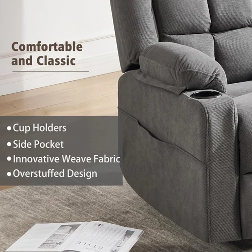 Miniatura 8 de Ketaiyou Silla reclinable giratoria para adultos con masaje y calor, portavasos y bolsillos laterales, sillón reclinable para sala de estar (gris DK)