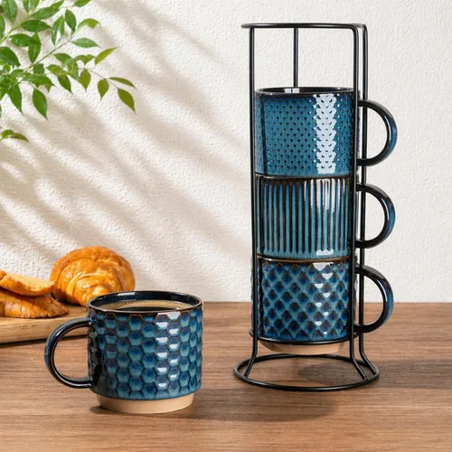 Miniatura 28 de GBhome Tazas de café apilables de 6 onzas, tazas de café de cerámica con patrones de textura para hombre, mujer, papá, mamá, juego de 4 tazas