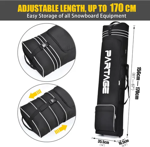 Miniatura 5 de Partage Bolsa de snowboard con ruedas, bolsa de snowboard para viajes aéreos, longitud ajustable hasta 66.9 in, Oxford resistente al agua 600D