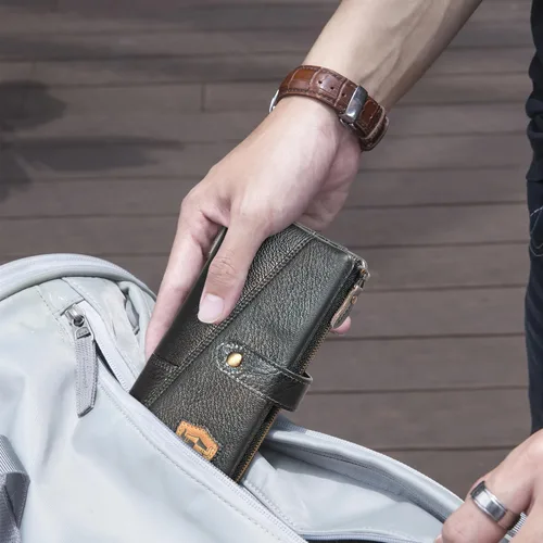 Miniatura 7 de Handadsume Genuino caballo loco cuero viaje regalo moneda bolsillo tarjeta caso largo organizador cadena Rfid monedero con broche para hombres
