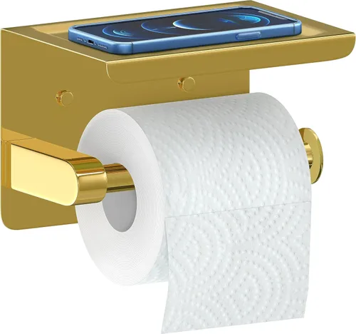 Soporte de papel higiénico dorado cepillado con estante, montaje en pared de acero inoxidable SUS304, adhesivo de doble instalación o tornillo,