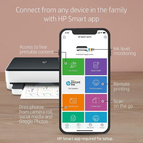 Miniatura 3 de HP Envy 6075 - Impresora inalámbrica todo en uno, incluye 2 años de tinta entregada, impresión móvil, escaneo y copia (8QQ97A)