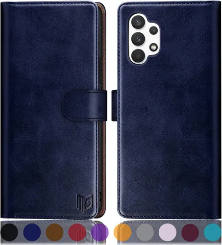 SUANPOT Funda de piel tipo cartera para Samsung Galaxy A32 5G con bloqueo RFID, tarjetero para tarjetas de crédito, funda de teléfono con tapa a Azul