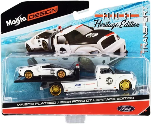 Ford GT # 98 Heritage Edition 2021 con camión de plataforma plana Blanco y Negro Elite Transport Series 1/64 Modelo de automóviles fundidos a