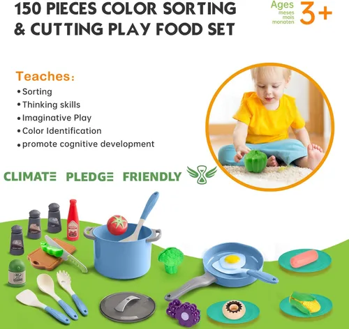 Miniatura 7 de Juego de cocina de 150 piezas, accesorios de cocina para niños pequeños, alimentos, manta de picnic, frutas, verduras, paquete de 2 cestas de Azul