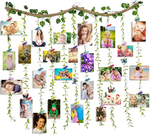 Miniatura 8 de Expositor de fotos para colgar en la pared con clip, juego de collage de marcos de fotos de hojas de árbol de vid artificiales con 40 clips y 8