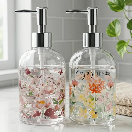 Miniatura 14 de Topadorn Dispensador de jabón de vidrio de 17 onzas con bomba, impresión floral de acuarela Enjoy the Day, botella líquida recargable para cocina