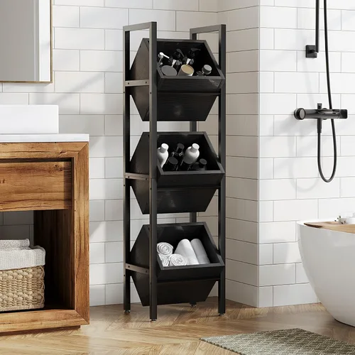 Miniatura 5 de LITTLE TREE Soporte de cesta de 3 niveles, estante de madera para piso, organizador rústico de pie, estante de almacenamiento para cocina, baño