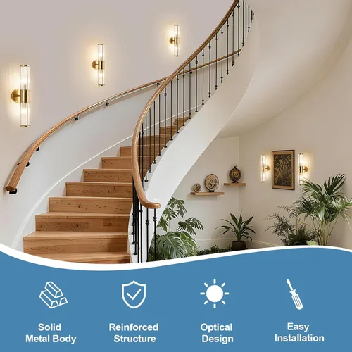 Miniatura 3 de Moderna lámpara de tocador de latón cepillado, aplique de pared con doble varilla de vidrio para baño, base de candelabro E12, iluminación de Latón