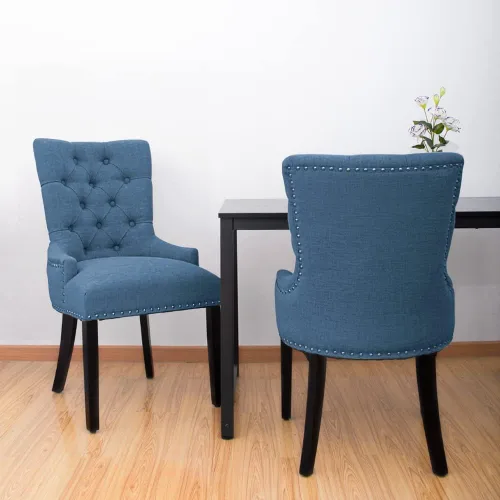 Miniatura 2 de CangLong Juego de 2 sillas modernas y elegantes tapizadas con botones y ribete de cabeza de clavo, para dormitorio, comedor, color azul
