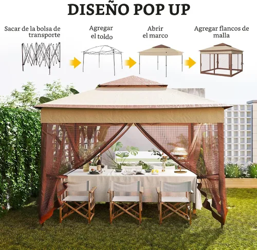 Miniatura 3 de Outsunny 11' x 11' Carpa desplegable de toldo, refugio para patio al aire libre con mosquitero con cremallera extraíble, carpa instantánea para Caqui