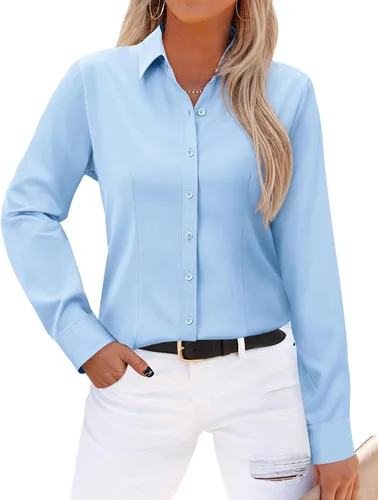 Miniatura 23 de Gleeivy - Camisas abotonadas para mujer, sin arrugas, de manga larga, camisas de vestir casuales con cuello V, ajustadas, de un solo
