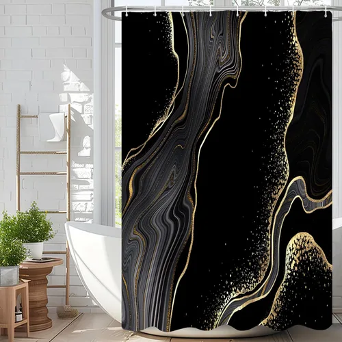 Miniatura 27 de Cortina de ducha abstracta de mármol negro gris y dorado con grietas, cortina de baño moderna ombre impresa, cortina impermeable y lavable de tela