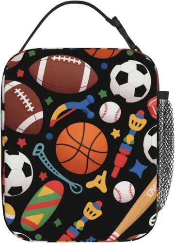 Miniatura 2 de Bolsa de almuerzo divertida para niños con pelotas deportivas, bolsa reutilizable para baloncesto, fútbol, fútbol americano y béisbol, lonchera